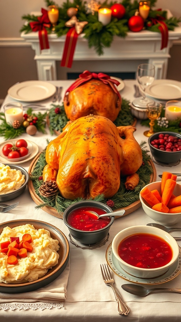 A festive Christmas dinner table with roasted turkey, mashed potatoes, glazed carrots, cranberry sauce, and yule log cake.